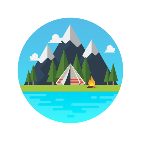 Camping tent with landscape logo. Vector illustrationのイラスト素材