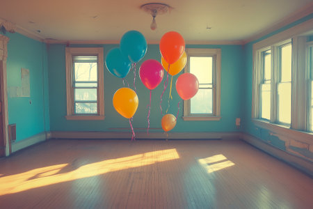 Colorful balloons flying in the room. Birthday Balloons for Party and Celebrations. By generative Aiの素材