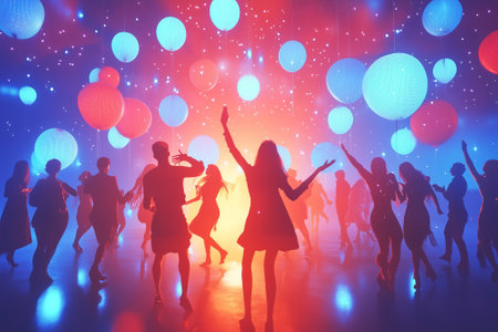 Silhouettes of a group of people dancing on an abstract background. Dance party. By generative Aiの素材