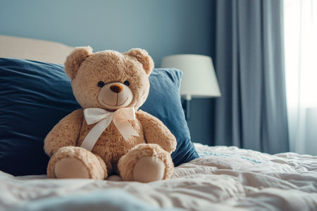 Cute teddy bear sitting on the bed. Comfortable and Cozy space. By generative Aiの素材