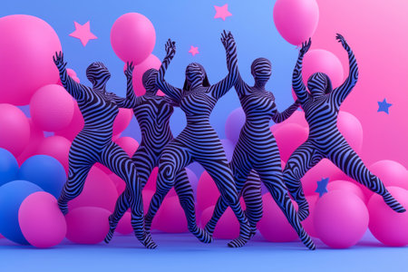 Silhouettes of a group of people dancing on an abstract background. Dance party. By generative Aiの素材