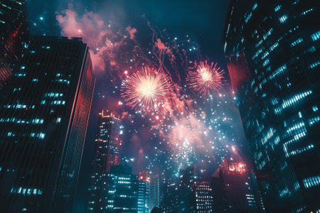 Scene of fireworks between high buildings at night. Celebration holiday concept. By generative Aiの素材