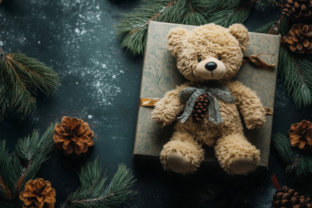 Cute bear doll in gift box with christmas decoration. By generative Aiの素材