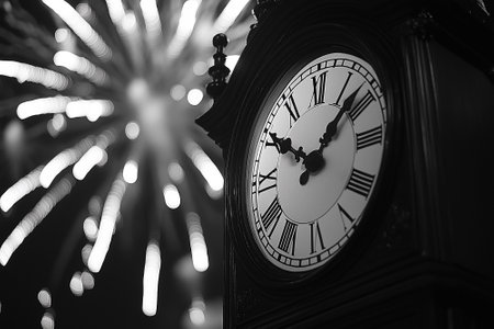 Fireworks over Clock Tower. New Year Festival. By generative Aiの素材