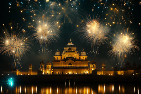 Fireworks sparkling over golden temple. celebrate new year at night time. By generative Aiの素材