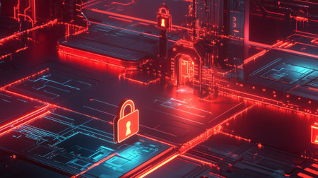 Complex data stream flowing through a series of lock icons. Blockchain technology concept. By generative Aiの素材