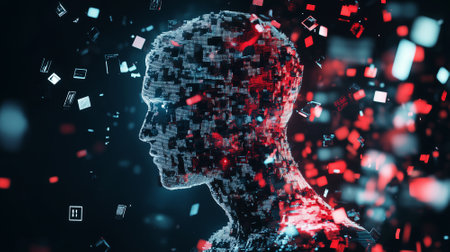 Futuristic human figure made of pixels. genetic data analysis. By generative Aiの素材