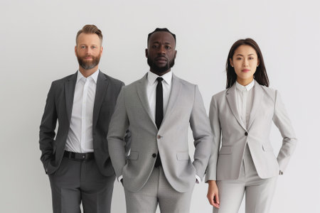 Successful and serious diverse team of three business people. man and woman focused looking at camera. By generative Aiの素材