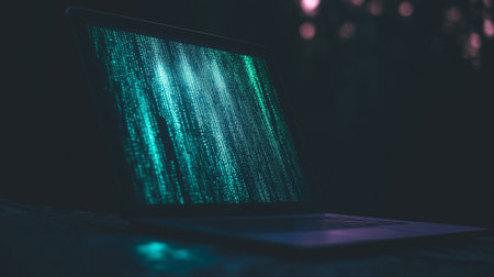 Laptop with binary codes on screen at desk. By generative Aiの素材