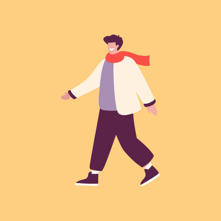 man in warm winter clothes causually walking. Concept of casual cozy winter clothes for man. Flat cartoon vector illustration.のイラスト素材