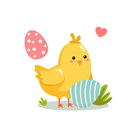 Baby chick with easter eggs. Happy Easter concept. Cute cartoon vector illustrationのイラスト素材