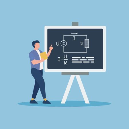 School physics teacher shows of formula on blackboard. Flat design. Vector illustration.のイラスト素材