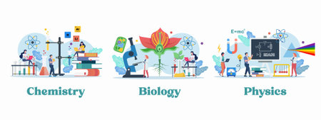 Science lab and school class with miniature people. Chemistry Physics and Biology. Education vector illustration.のイラスト素材