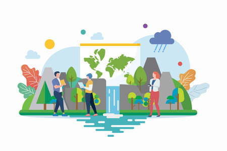 Geography class with miniature people. Studying the lands, features, inhabitants of the Earthのイラスト素材