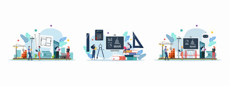 Construction and engineering scenes with miniature people. Architecture and engineering class. Education vector illustration.のイラスト素材