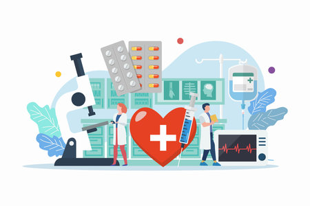 Healthcare scene with miniature people. Science lab and school class.のイラスト素材