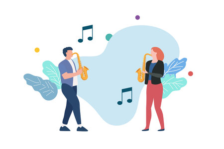 Man and woman are playing jazz music on saxophone. jazz or classical music instrumentのイラスト素材