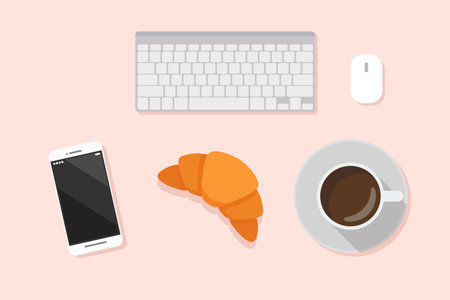 Cup of coffee drink with croissant and phone. Top view. Self office. Breakfast concept. Workplace symbol.のイラスト素材