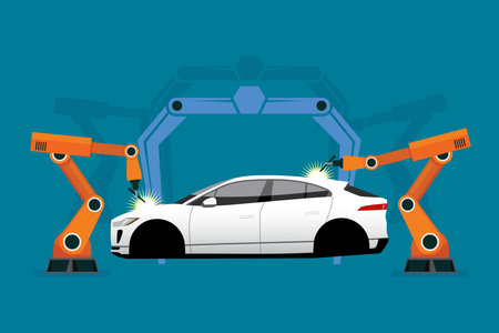 Car manufacturer production concept. robotics industry insights automotive and electronics. smart factory industrial. vector illustrationのイラスト素材