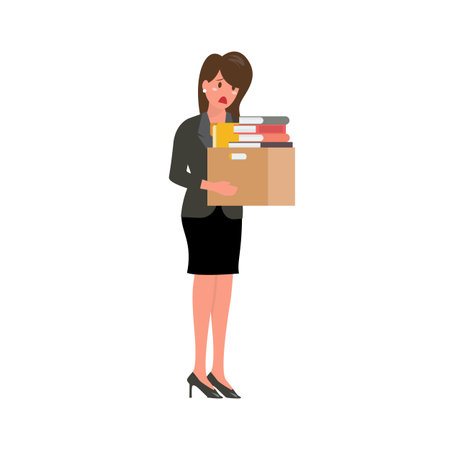 Fired office woman character worker holds box. vector illustrationのイラスト素材