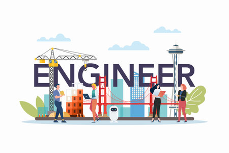 Engineer class with engineering elements and people. School education vector cartoonのイラスト素材