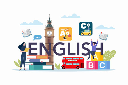 English class scene with educational elements. Education vector illustration.のイラスト素材