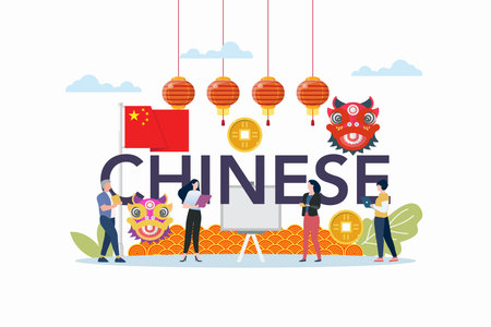 Chinese language class with chinese elements. School education vector cartoonのイラスト素材
