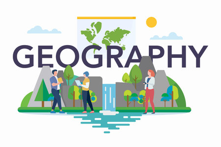 Geography class with nature elements. Studying the lands, features, inhabitants of the Earthのイラスト素材