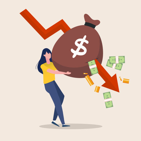 Arrow graphs fall down to attack the money bag. Financial crisis, unexpected stock market drop, money loss.のイラスト素材