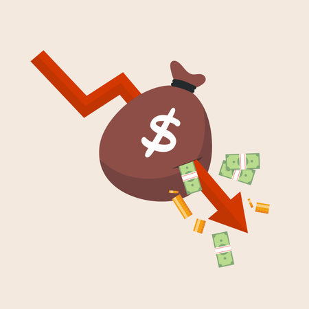 Red arrow graphs fall down to attack the money bag. Financial crisis, unexpected stock market drop, money loss.のイラスト素材