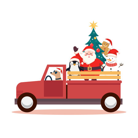 Cute Santa Claus and Snowman on the Red Truck isolated on white background. Vector illustrationのイラスト素材