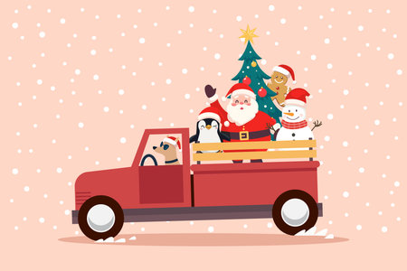 Christmas Cute Santa Claus and Snowman on the Red Truck. Vector illustrationのイラスト素材