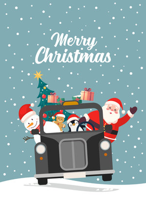 Greeting card of Christmas Cute Santa Claus and Snowman on British Taxi car.  Vector illustrationのイラスト素材