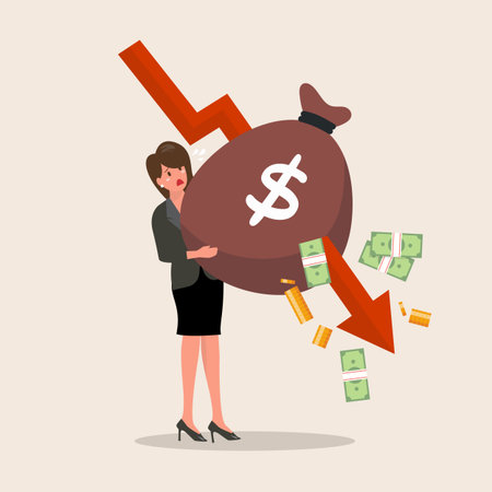Arrow graphs fall down to attack the money bag carried by business woman. Financial crisis, unexpected stock market drop, money loss.のイラスト素材