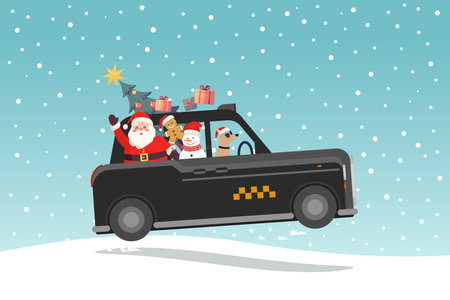 Christmas Greeting card Cute Santa Claus and Snowman on British Taxi car. Vector illustrationのイラスト素材