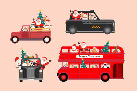 Christmas characters on variety vehicle collection. Vector illustrationのイラスト素材