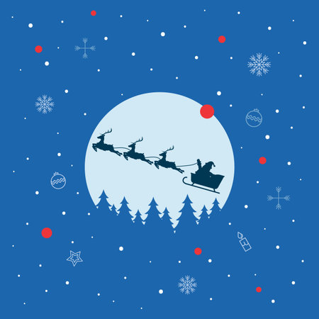Silhouette of Santa Claus and his reindeer sleigh against the moon on blue background. Vector illustrationのイラスト素材