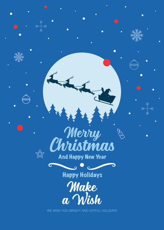 Silhouette of Santa Claus and his reindeer sleigh against the moon Greeting card. Vector illustrationのイラスト素材