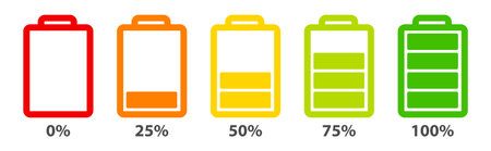 Smartphone Battery status icon. phone battery level indicator symbol. full charge or low charge sign. cellphone battery power symbol. Charging vector sign.のイラスト素材