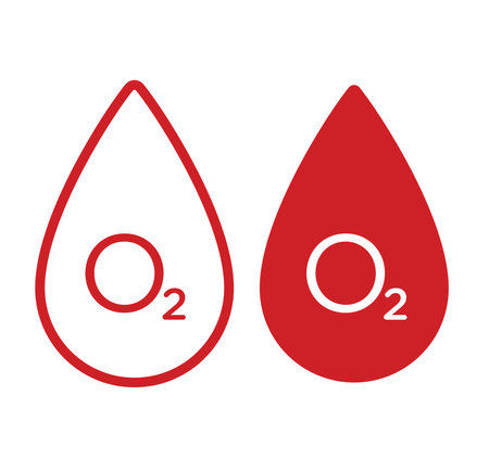 Blood drop with Oxygen O2 in filled and outlined format in blood color and on transperent background. vector illustration.のイラスト素材