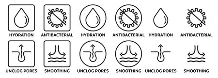 Skin Hydration, unclog pores, anti-bacterial, and skin smoothing icon collection. suitable for facial cleanser products.のイラスト素材