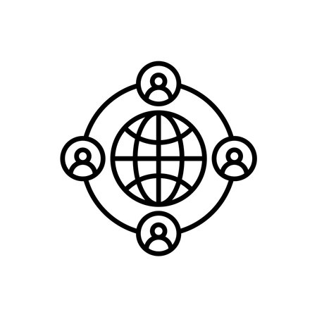 Outsourcing icon set. Globe affliate network communication vector symbol in a black filled and outlined style. Internet Remote work sign.のイラスト素材