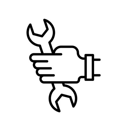 Repair icon set.Mechanic hand with spanner vector symbol in a black filled and outlined style.Car fix employee with spanner in hand sign.のイラスト素材