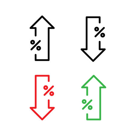 High and Low Percent Arrow Icon Set. Increase Decrease and Price Vector symbol in a black filled and outlined style. Market Fluctuation Signのイラスト素材