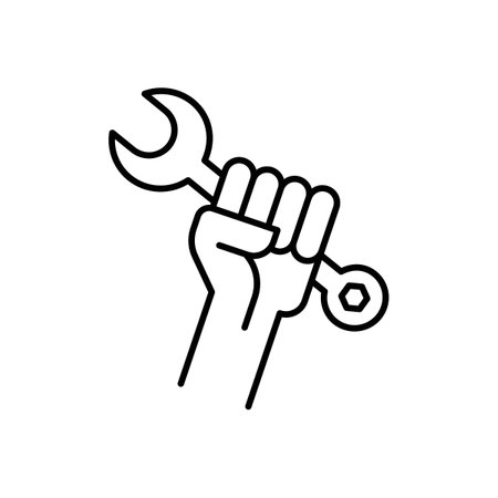 Repair icon set.Mechanic hand with spanner vector symbol in a black filled and outlined style.Car fix employee with spanner in hand sign.のイラスト素材
