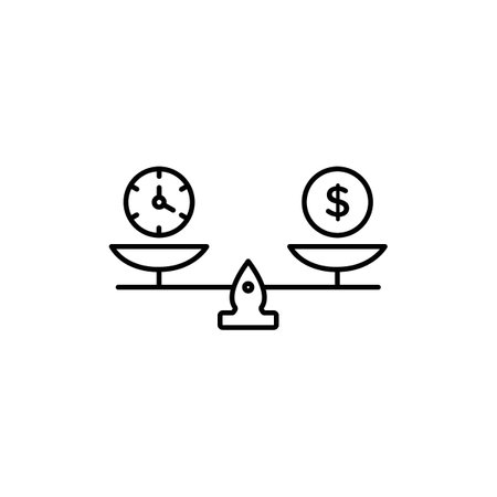 Time and Money Scale Icon Set. Financial value comparison vector symbol in a black filled and outlined style. Balance Measure Sign.のイラスト素材