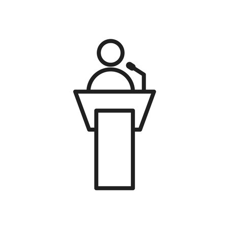 Public speaker icon set. Lecture oratory podium vector symbol in black filled and outlined style. Politician conference and debate seminar sign.のイラスト素材