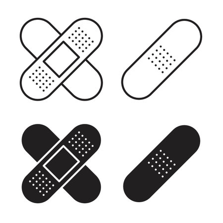 Band aid icon collection in black color. Stroke Lines and flat silhouette style iconsのイラスト素材