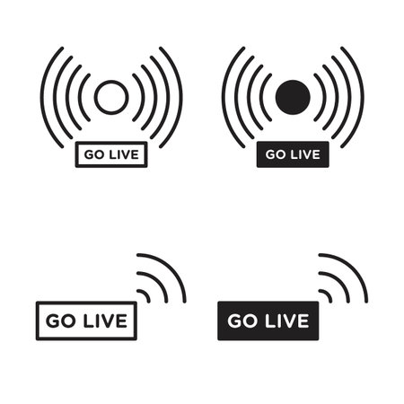 Go live icon collection in black color. Stroke Lines and flat silhouette style iconsのイラスト素材