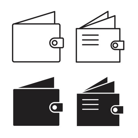 Wallet icon collection in black color. Stroke Lines and flat silhouette style iconsのイラスト素材
